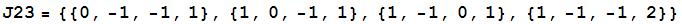 J23 = {{0, -1, -1, 1}, {1, 0, -1, 1}, {1, -1, 0, 1}, {1, -1, -1, 2}}