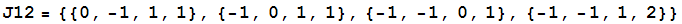 J12 = {{0, -1, 1, 1}, {-1, 0, 1, 1}, {-1, -1, 0, 1}, {-1, -1, 1, 2}}