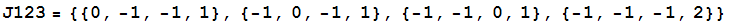 J123 = {{0, -1, -1, 1}, {-1, 0, -1, 1}, {-1, -1, 0, 1}, {-1, -1, -1, 2}}