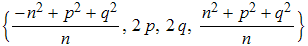 {(-n^2 + p^2 + q^2)/n, 2 p, 2 q, (n^2 + p^2 + q^2)/n}